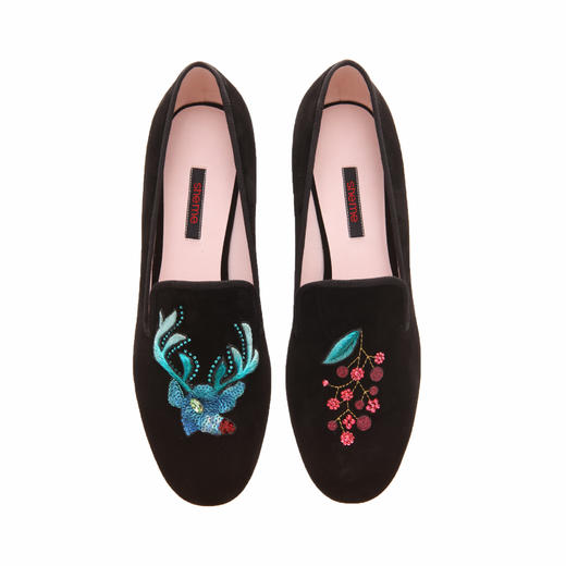 sheme鹤鸣  女士手工刺绣羊反绒深口单鞋  黑色 商品图0