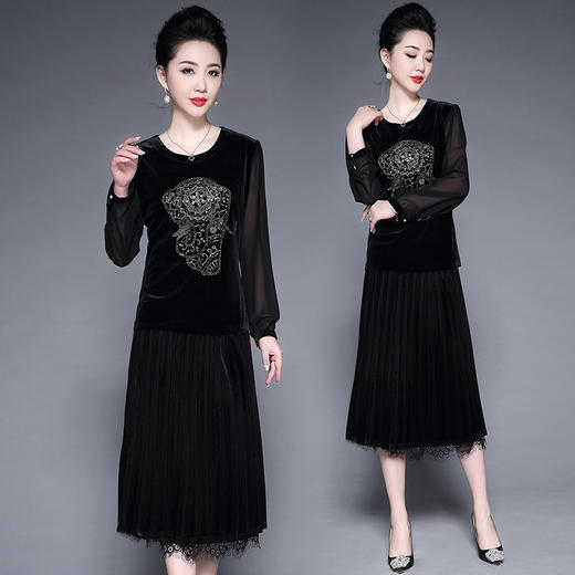 CQ-	HXGLR917圆领长袖套头蕾丝显瘦连衣裙 TZW 商品图3