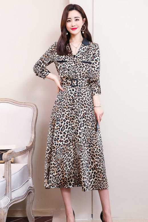 cqxfx9801豹纹时尚a字型中长款连衣裙tzw