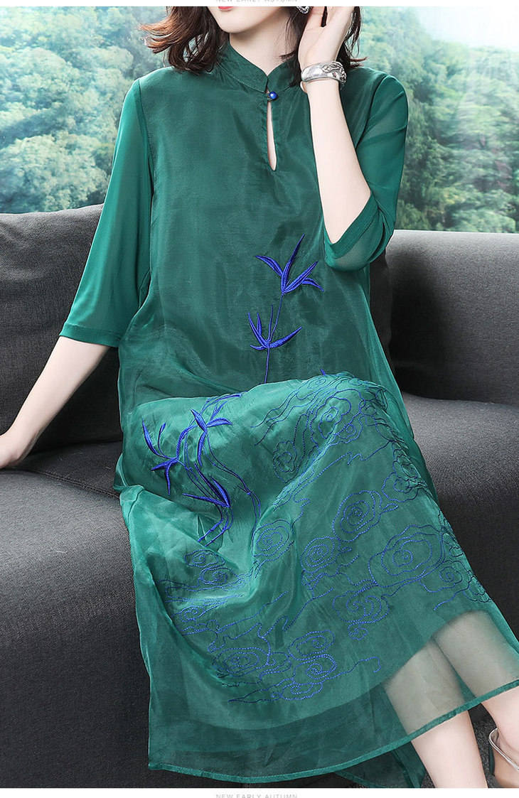 中国风竹叶刺绣文艺复古旗袍连衣裙og3602