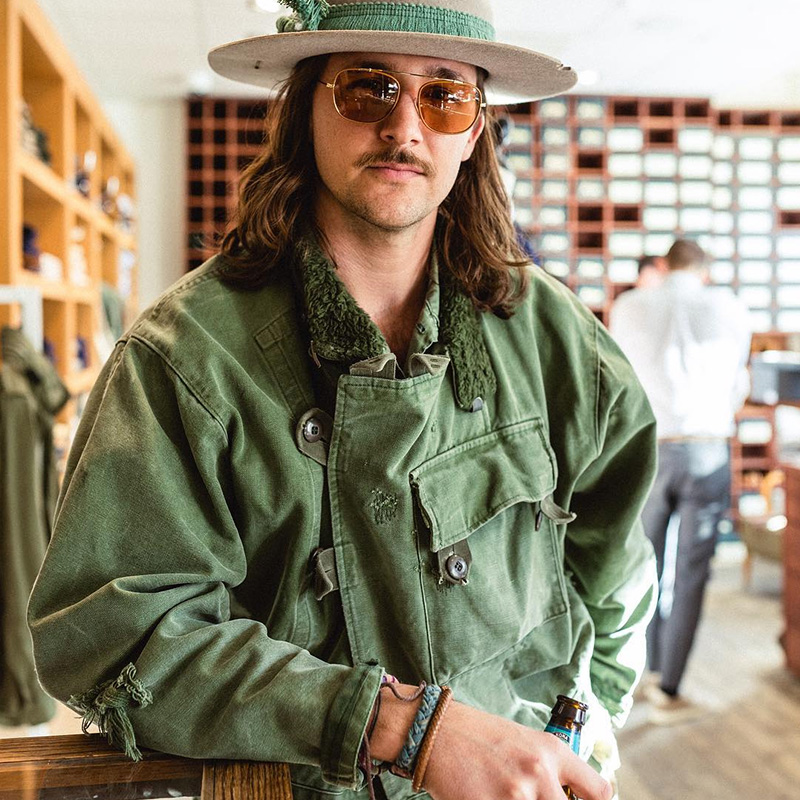 工装优选 美式vintage瑞典机车夹克阿美咔叽纯棉洗水军绿色