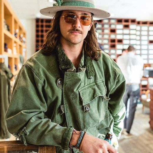 工装优选 美式vintage瑞典机车夹克阿美咔叽纯棉洗水军绿色 商品图0