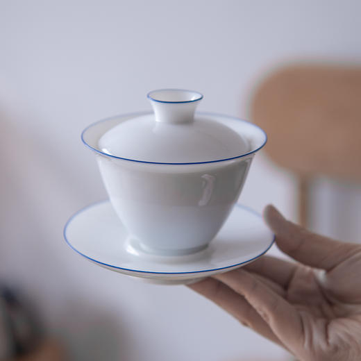 盖碗泡茶杯三才碗功夫茶具甜白瓷蓝口景德镇陶瓷大号茶碗单个家用 商品图2