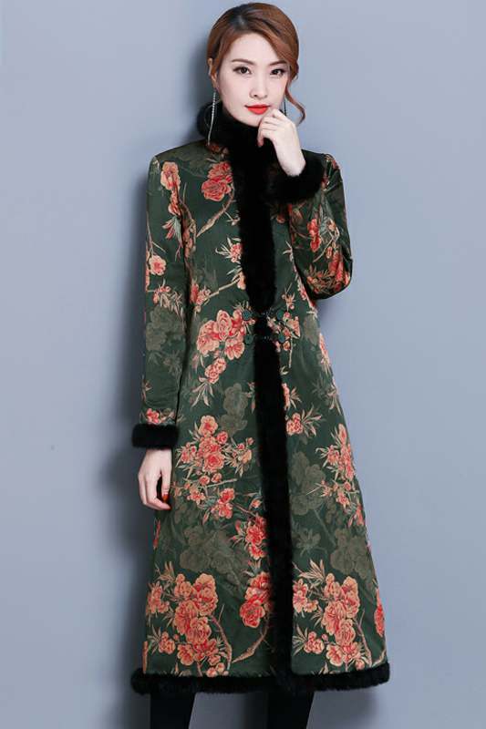 tjchx2667真丝大衣加厚毛领旗袍中长款外套女tzw