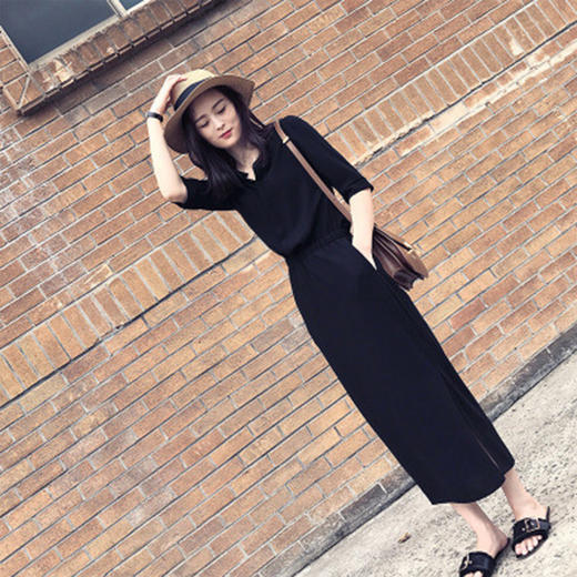 2019年春装新款女装韩版黑色开叉长裙气质收腰显瘦连衣裙女 商品图2