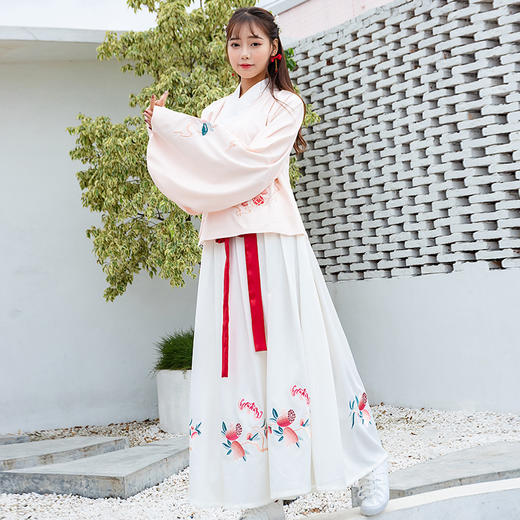 明制醒狮绣花袄裙琵琶袖交领红袄双层两片式齐腰襦裙汉服套装货号wj