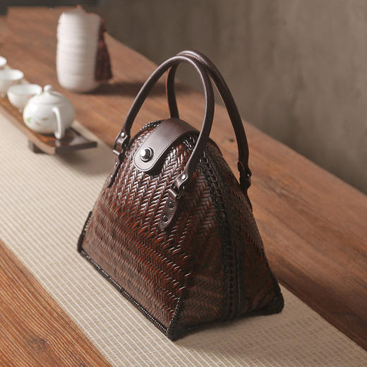 手工牛皮竹编包中国风时尚办公包日式手提包功夫茶具收纳包