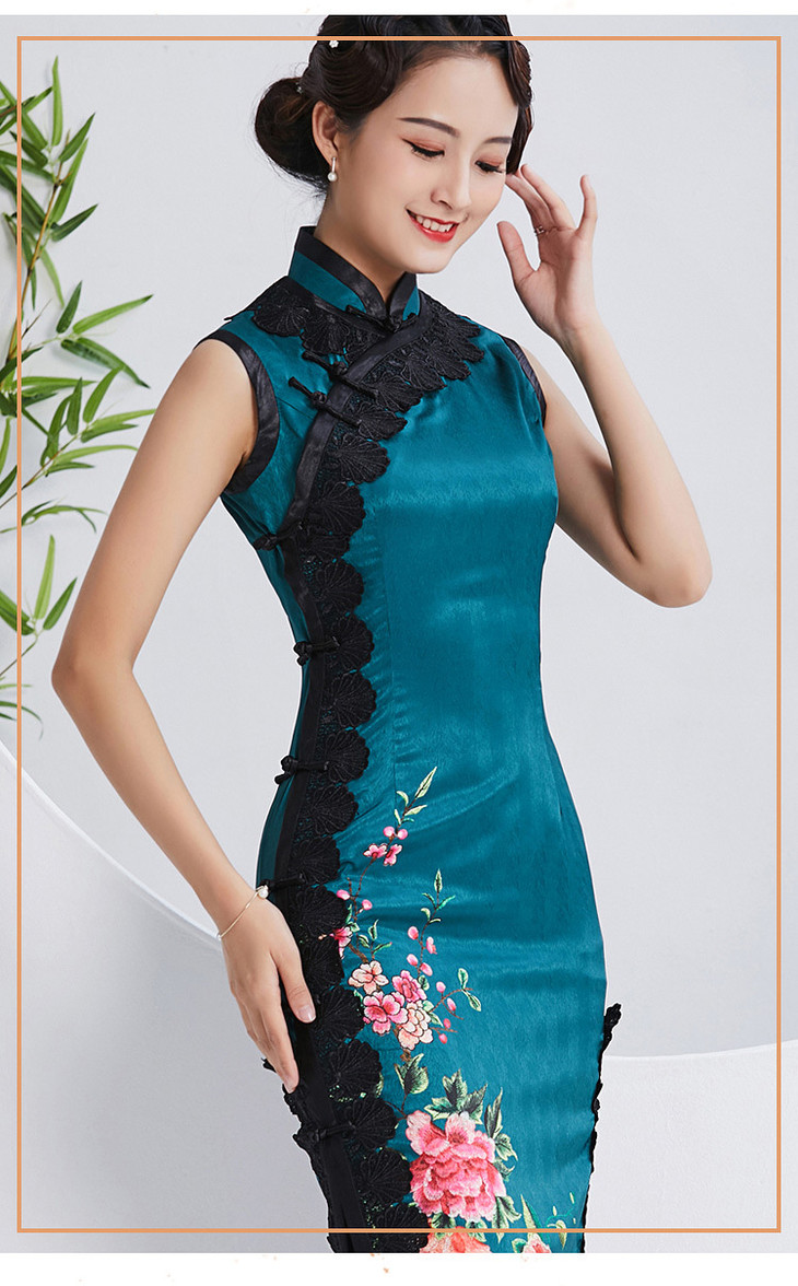 qc1697593真丝长款蕾丝花边手工盘扣无袖旗袍裙礼服