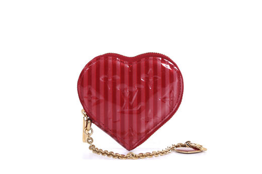 a级louisvuitton路易威登lv红色条纹漆皮心形链条钥匙包557562