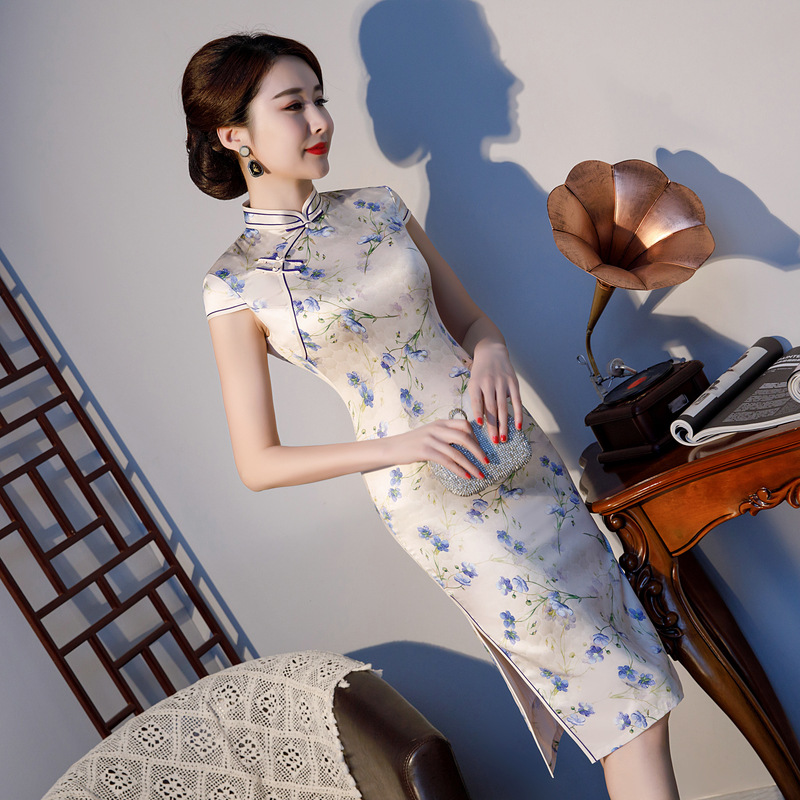 MES  2591改良旗袍中长款透气双层丝绸旗袍