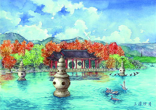 西湖西溪红十景手绘图片