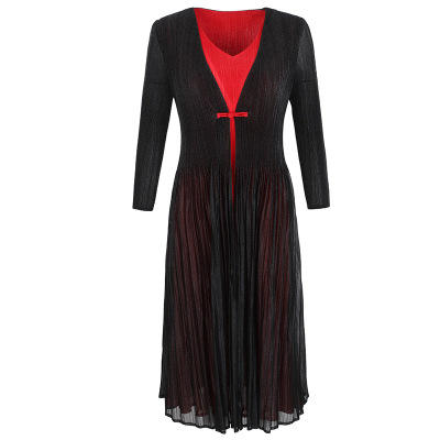 BS-5819新款压褶印花开衫盘扣拼接修身显瘦假两件套连衣裙TZW 商品图6