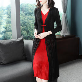 BS-5819新款压褶印花开衫盘扣拼接修身显瘦假两件套连衣裙TZW