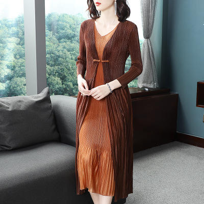 BS-5819新款压褶印花开衫盘扣拼接修身显瘦假两件套连衣裙TZW 商品图3