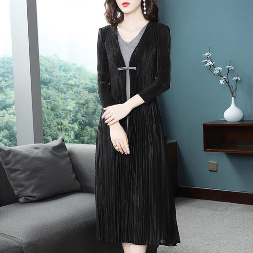 BS-5819新款压褶印花开衫盘扣拼接修身显瘦假两件套连衣裙TZW 商品图1