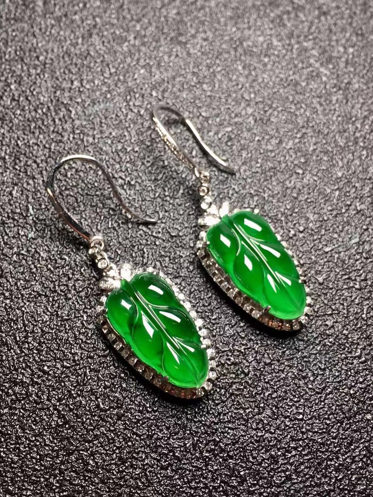 z3441翡翠18k金镶冰种树叶耳坠