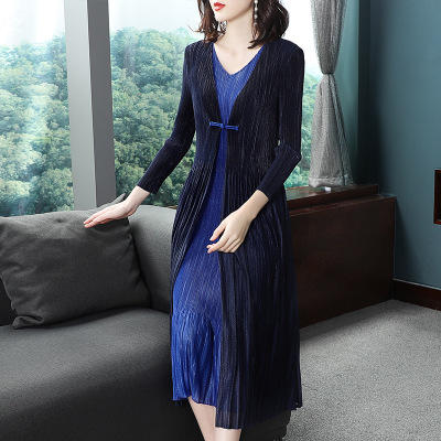 BS-5819新款压褶印花开衫盘扣拼接修身显瘦假两件套连衣裙TZW 商品图4