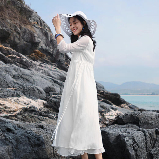 不染双层抽绳连衣裙 |  白色 酒红色 | 飘逸淑女 商品图1