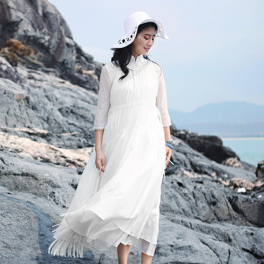 不染双层抽绳连衣裙 |  白色 酒红色 | 飘逸淑女 商品图3