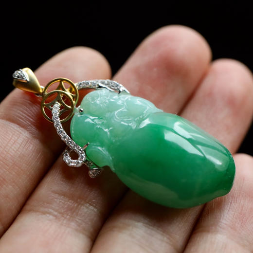 糯种阳绿翡翠金猴捧寿桃福禄寿18k黄金白金钻石镶嵌 商品图8