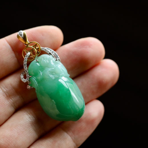 糯种阳绿翡翠金猴捧寿桃福禄寿18k黄金白金钻石镶嵌 商品图7