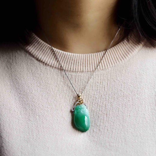 糯种阳绿翡翠金猴捧寿桃福禄寿18k黄金白金钻石镶嵌 商品图10