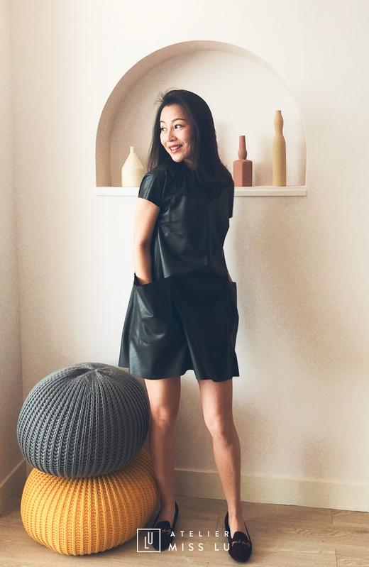 AtelierMissLu / Behati-墨绿大口袋拼接仿皮连身裙 商品图1