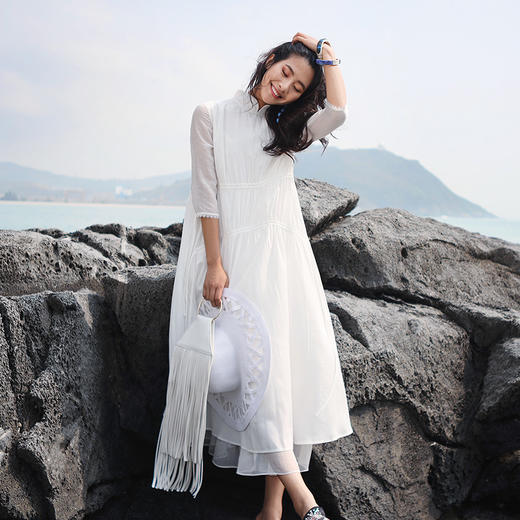 不染双层抽绳连衣裙 |  白色 酒红色 | 飘逸淑女 商品图2