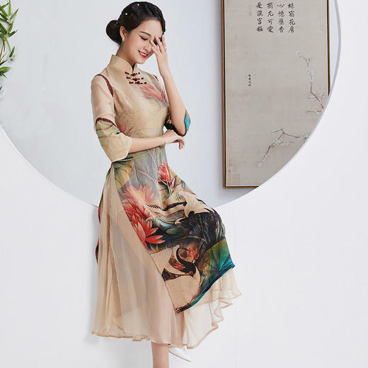 qc1697617真丝长款双层真丝手工盘扣七分袖旗袍