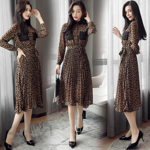 alcfzmr1902蕾丝拼接豹纹中长款时尚舒适长袖连衣裙