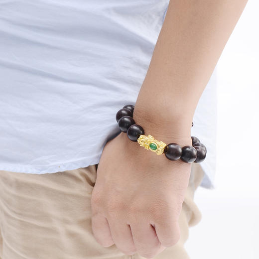 中国黄金t0104碧玉镶嵌招财貔貅黄金手链男士款小叶紫檀佛珠手串足金