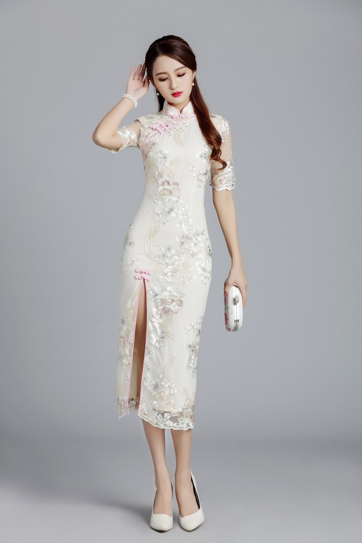 psc性感前开叉长款刺绣改良蕾丝旗袍连衣裙货号ysf8032