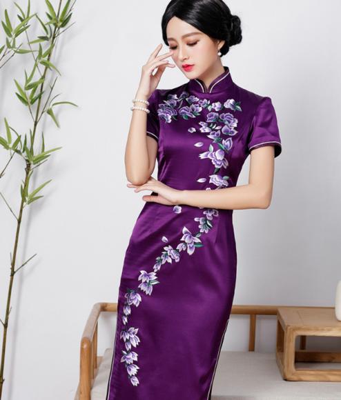 qc1697457高端定制新款改良时尚真丝中长款旗袍裙
