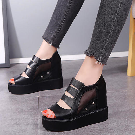 2019新款网纱鱼嘴内增高凉鞋松糕厚底坡跟镂空高跟鞋 qw1619