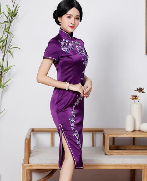 qc1697457高端定制新款改良时尚真丝中长款旗袍裙