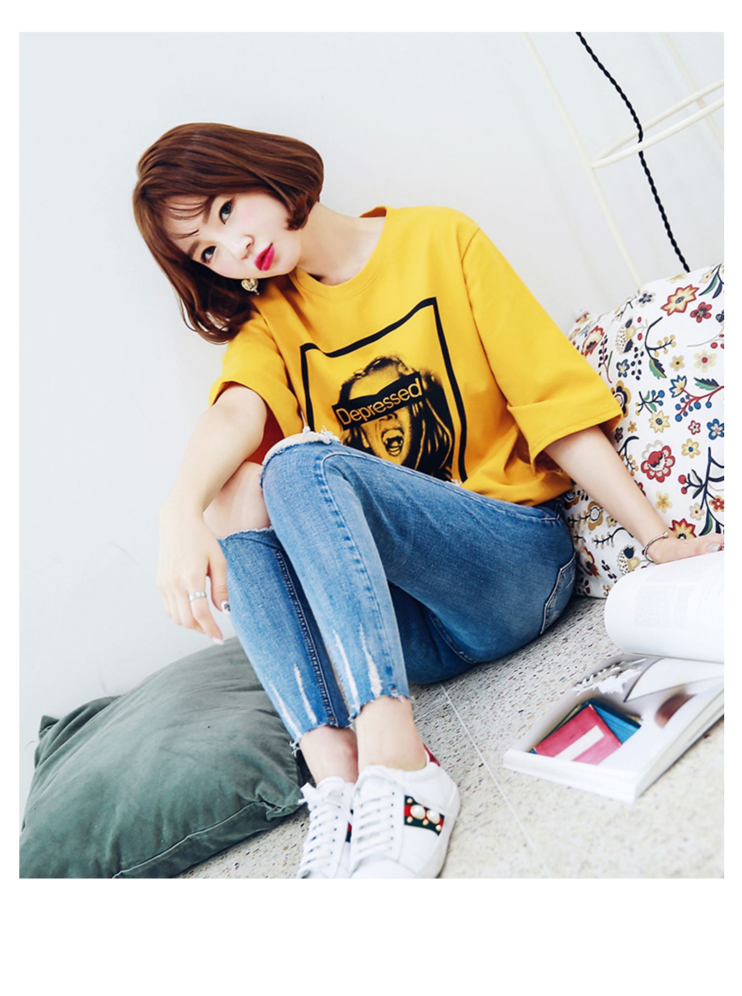 韩都衣舍2021夏新款女韩版人像字母印花宽松短袖上衣t恤tk9336婏