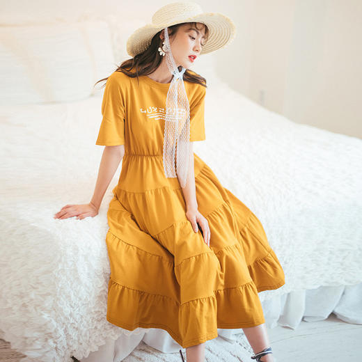 韩都衣舍2019韩版女装夏装新款收腰长款短袖连衣裙jn8205焕