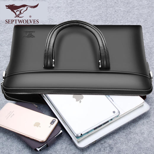 七匹狼男士商务公文包 时尚横款单肩包手提包头层牛皮男包大包1A2264013-01黑 商品图3