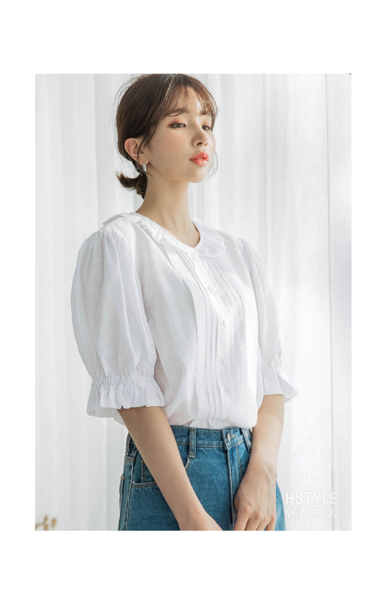 韩都衣舍2021夏装新款韩版少女灯笼袖娃娃领上衣白衬衫女yk9859鲲