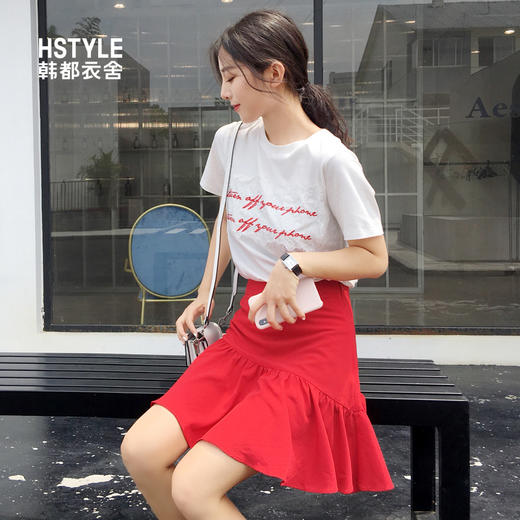 韩都衣舍2018夏装女装韩版两件套短袖红色裙子时尚套装女IG8262僥 商品图0