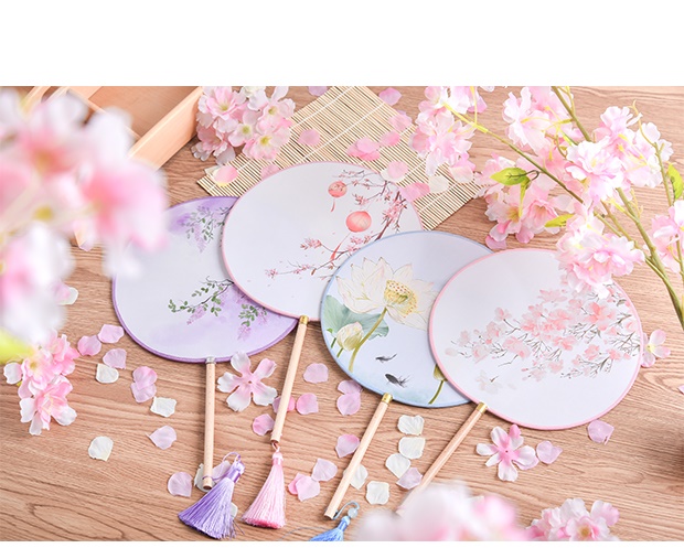 可爱少女樱花团扇中国风复古圆扇女宫扇创意古风装饰扇子舞蹈扇