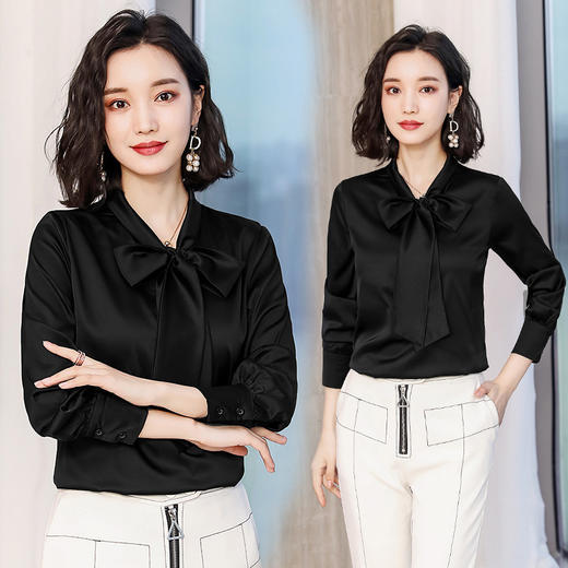 QQH-8018韩版蝴蝶结仿真丝短款宽松长袖纯色雪纺衬衫 TZW 商品图2