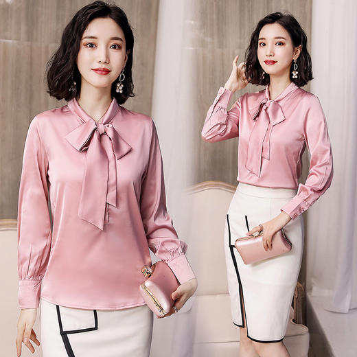 QQH-8018韩版蝴蝶结仿真丝短款宽松长袖纯色雪纺衬衫 TZW 商品图3