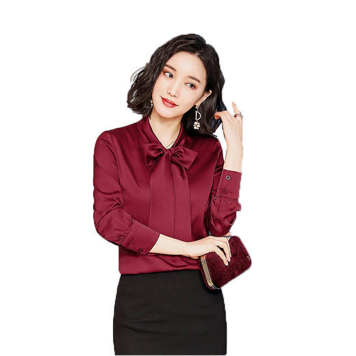 QQH-8018韩版蝴蝶结仿真丝短款宽松长袖纯色雪纺衬衫 TZW 商品图4