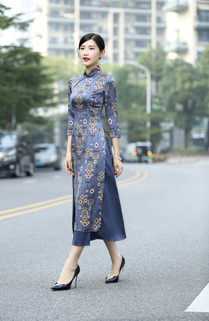 xf3102 复古盘扣改良修身长款越南奥黛旗袍连衣裙 - 倾城旗袍