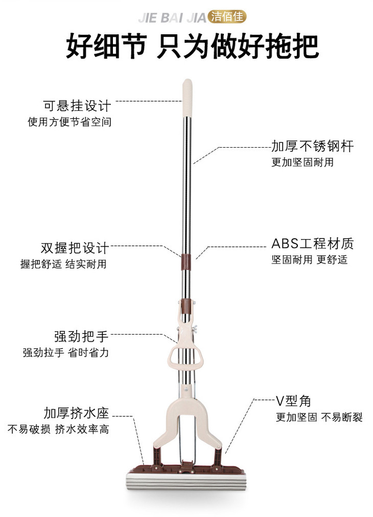 海绵拖把吸水胶棉拖把可拆对折式不锈钢杆挤水免手洗拖把带123拖把头