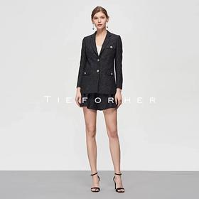 TF203黑色粗花呢银丝高腰短裤西装两件套