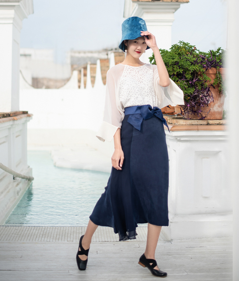 拼真丝复古半身裙生活在左春秋季女装新款宝蓝色蚕桑丝中长裙子