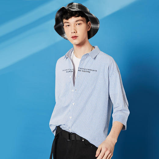 韩都衣舍男装2019夏季宽松条纹纯棉外套潮男上衣衬衫男af8562 