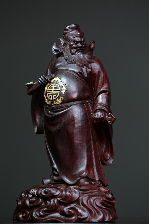 小叶紫檀老料清刀雕刻金钟馗纳福摆件18k镶嵌119